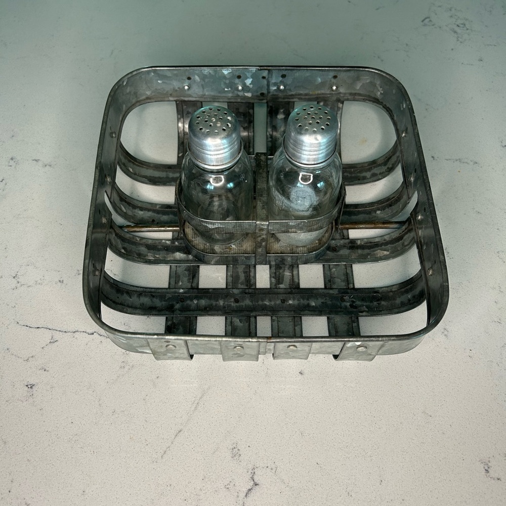 Galvanized Tin Strapped Napkin Basket & Salt/Pepper Shakers Great Condition